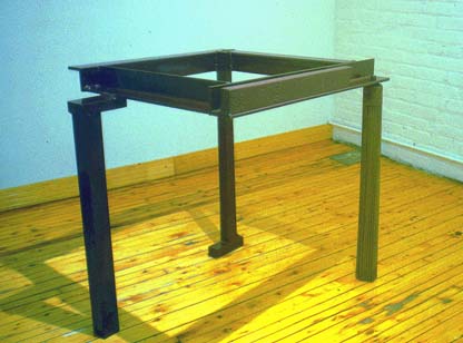 The Card Players 34 X 29 X33 Tinted Lacquer on Steel and Raw Steel Copyright,  A Fauteux 2002, all rights reserved Andre Fauteux, Sable-Castelli Gallery Exhibition, 2003, sculpture