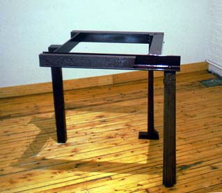 The Card Players{view 2} 34 X 29 X33 Tinted Lacquer on Steel and Raw Steel Copyright,  A Fauteux 2002, all rights reserved Andre Fauteux, Sable-Castelli Gallery Exhibition, 2003, sculpture