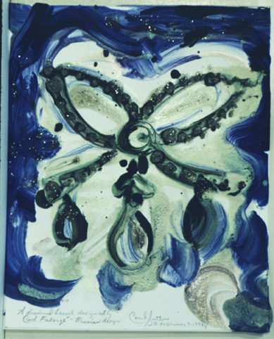 Faberge Jewelry Series,'A diamond brooch designed by Carl Faberge - Russian design' {a bow},blue + green, by artist Carol Sutton