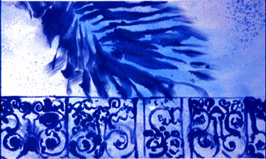 skybalcony.detail.jpg , Carol Sutton painting-detail of center palm Sky Balcony whole painting 3 by 28 feet or 32 1/2